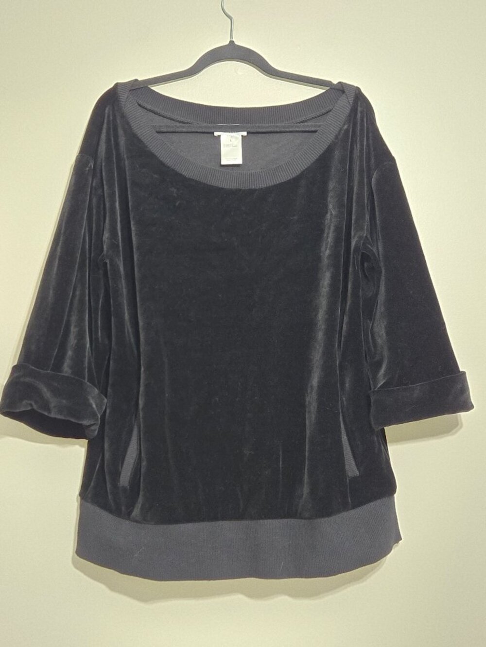 Y2K Rykiel Karma Body& Soul Black Velour Pullover Top Tunic Womens L 3/4 Sleeve